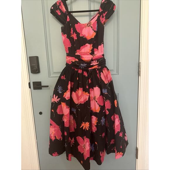 Vintage 1980s‎ Laura Ashley Great Britain Black Pink Floral Dress Full Skirt 8 - Picture 3 of 16